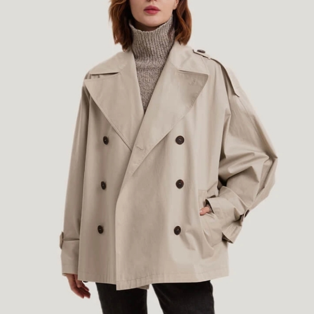 🆕 Gentle Herd Double Breasted Short 100% Cotton Trench Coat in Sand - Picture 1 of 10